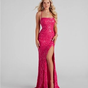 Elegant Pink Lace Evening Gown